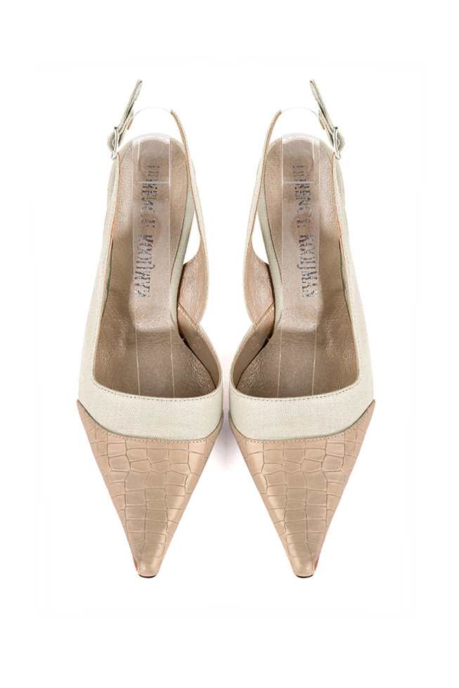 Tan beige and off white women's slingback shoes. Pointed toe. High spool heels. Top view - Florence KOOIJMAN